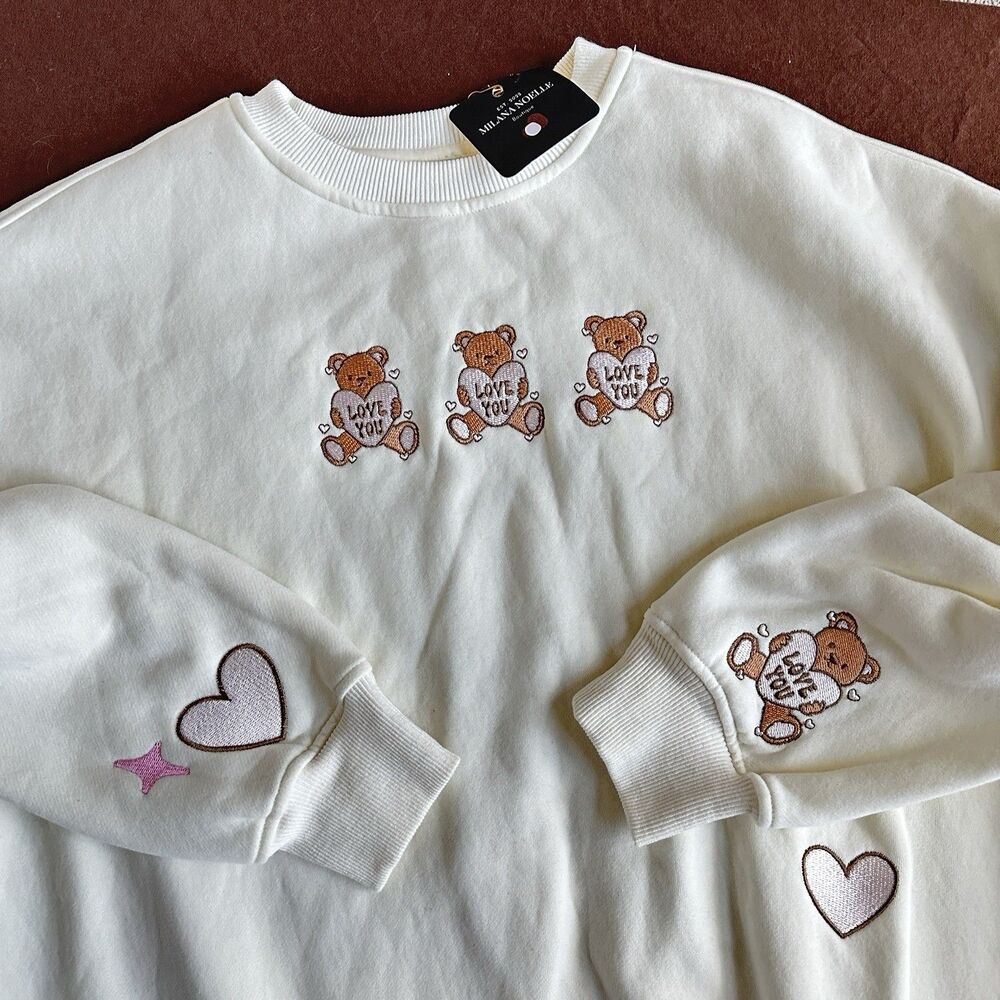 NEW Sunkissed Coconut Off White Embroidered Teddy Bear Sweatshirt Size LARGE